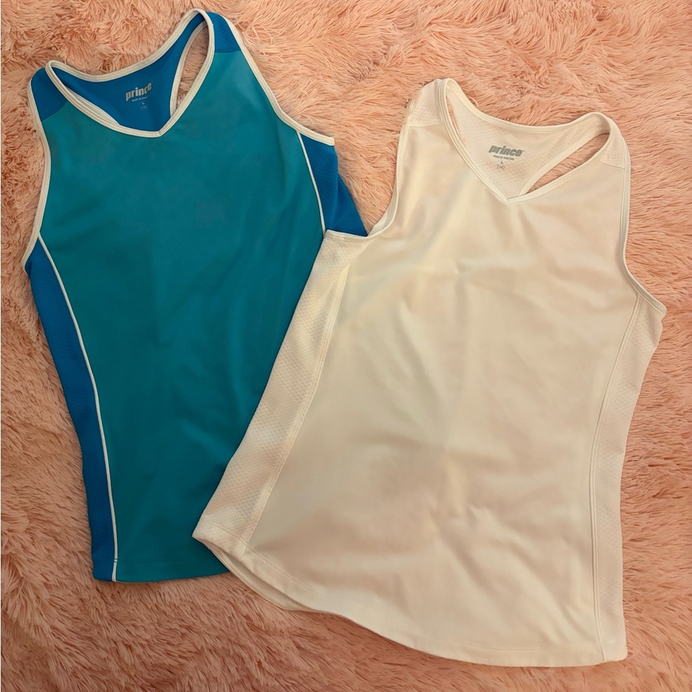 BUNDLE!!! TWO Prince Girls Tennis Tank Tops Blue and White Youth Size L (14)